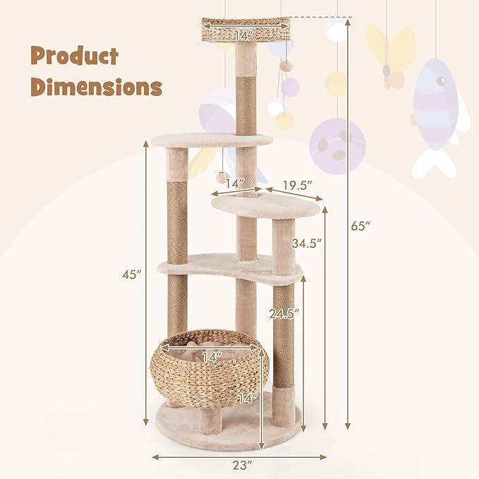 PETSITE 65 inch Cattail Cat Tree Tower, Multi-Level Cat Tower with Natural Jute Scratching Posts, Cat Bed, Top Perch, Dangling Balls and Jumping Platforms, Modern Tall Cat Tree for Indoor Cats-Mewly Pet