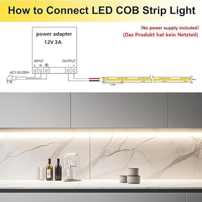 TOPAI 12V COB LED Strip Light Daylight White 5000K Waterproof IP65 480LEDs/M Super Bright 4000Lm CRI>90 16.4ft/5M Dotless High Density Cuttable Flexible for Cabinet Home DIY Lighting Projects