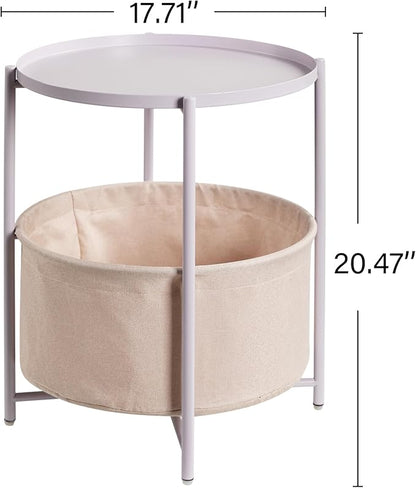 danpinera Round Side Table with Fabric Storage Basket, Metal Side Table Small Bedside Nightstand with Removable Tray Top for Living Room, Bedroom, Nursery, Laundry, Light Violet