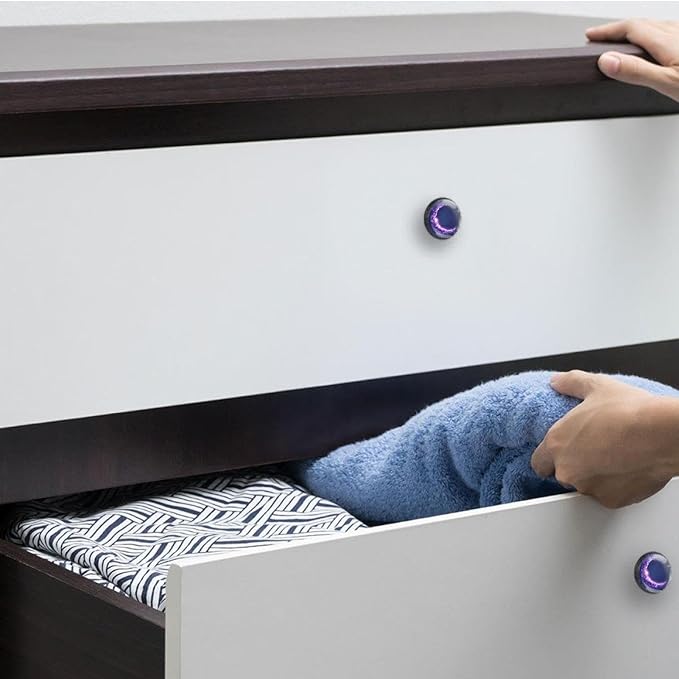 4 Pack 1.37" Dresser Drawer Knobs, Round Crystal Glass Cabinet Pulls with Screws for Kitchen, Bathroom, Nursery Nursery Kids Room (Purple Moon Symbol)