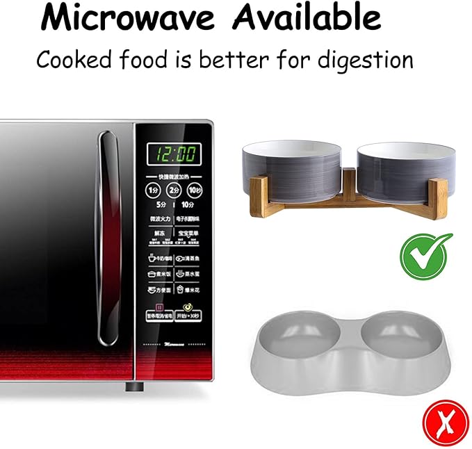 Petygooing Ceramic Cat Dog Bowl Set with Wood Stand, 13.5OZ/5.1 in, Grey White-Mewly Pet