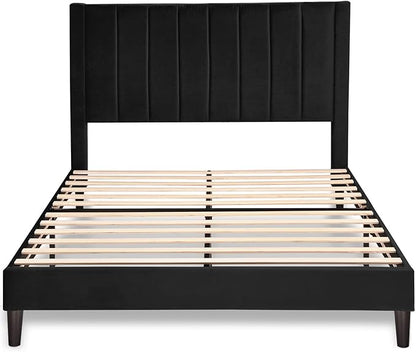 Allewie Full Bed Frame/Velvet Upholstered Bed Frame with Vertical Channel Tufted Headboard/Strong Wooden Slats/Platform Bed Frame/Mattress Foundation/Box Spring Optional/Easy Assembly/Black