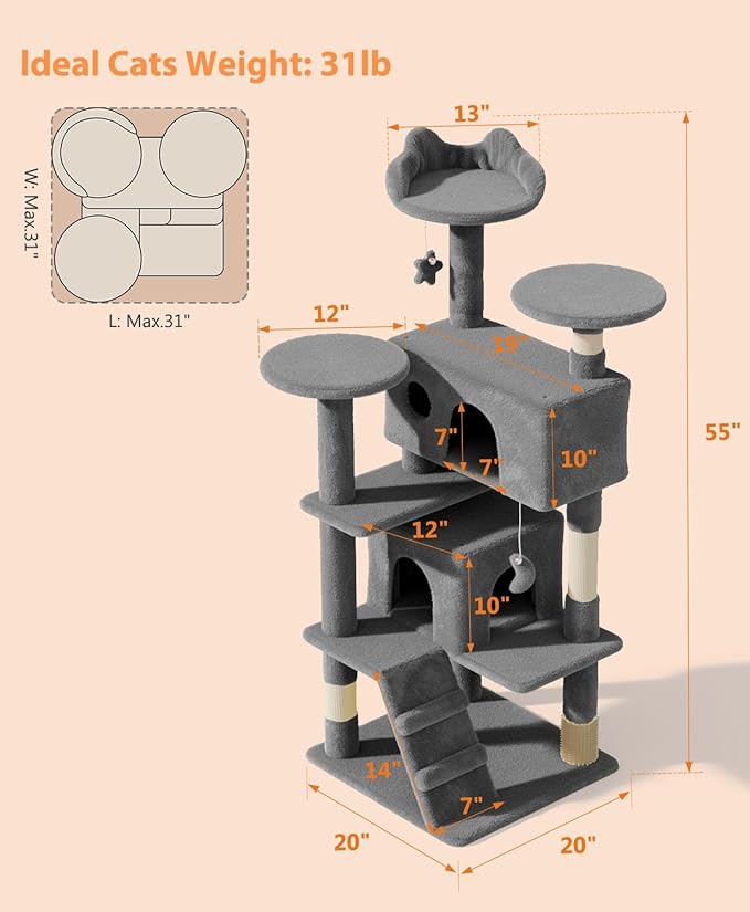 54" Cat Tree Tower for Indoor Cats Large Adult,Cute/Tall Modern Cat Tree for Big Cats 20 lbs, Plush Multi-Level Cat Condo with Scratching Posts,Hammock, Dangling Ball (Smoky Gray, 54 inch)-Mewly Pet