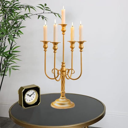Metal Candelabra Gold Candle Stand 20in Tall, 5-Candle Candlestick Holder for Taper Candles, Candle Holder for Wedding Centerpiece Christmas Valentine Holiday Party Event Reception Decor, 2Pcs