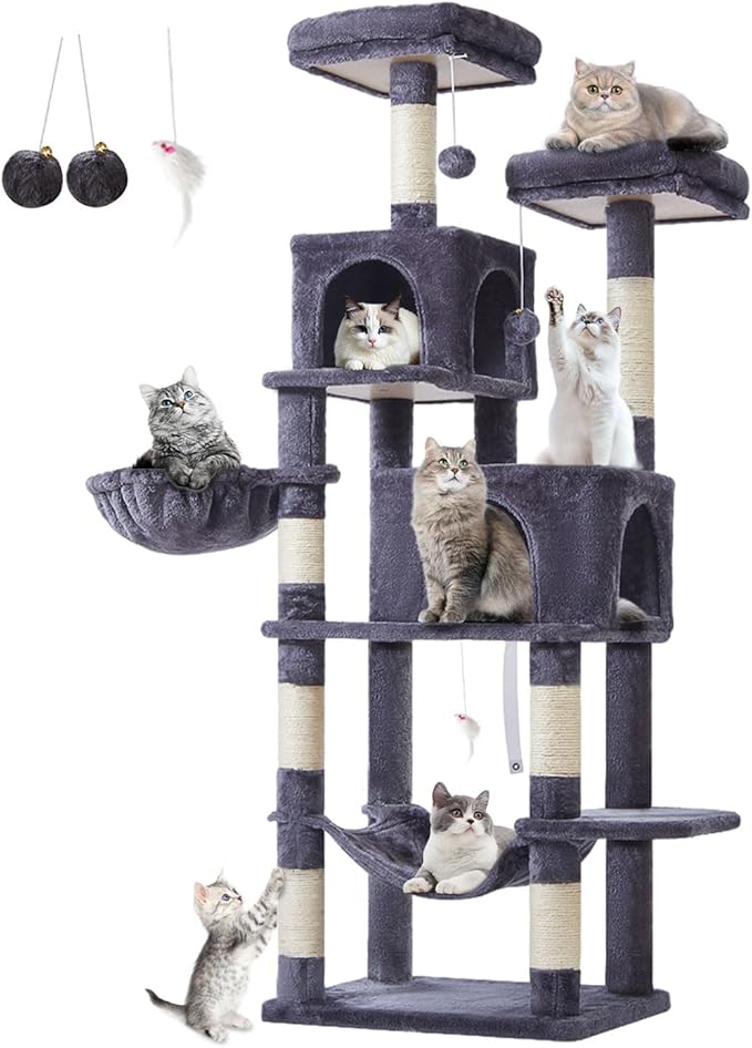 Taoqimiao Cat Tree, 66.2-Inch Cat Tower for Indoor Cats, Plush Multi-Level Cat Condo with 7 Scratching Posts, 2 Perches, 2 Caves, Hammock, 2 Pompoms, Smoky Gray MS013G-Mewly Pet