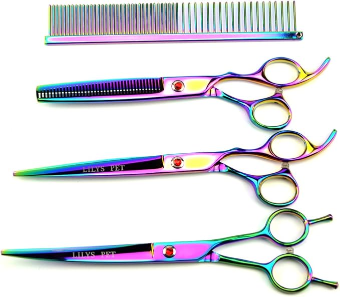 LILYS PET Professional PET Grooming scissors Kit,Coated Titanium,Sharp and Strong Stainless Steel Blade for Dogs Cats Hair Cutting,3 Pieces of Scissors with a Comb and a Case (7.0 inches, Rainbow)-Mewly Pet