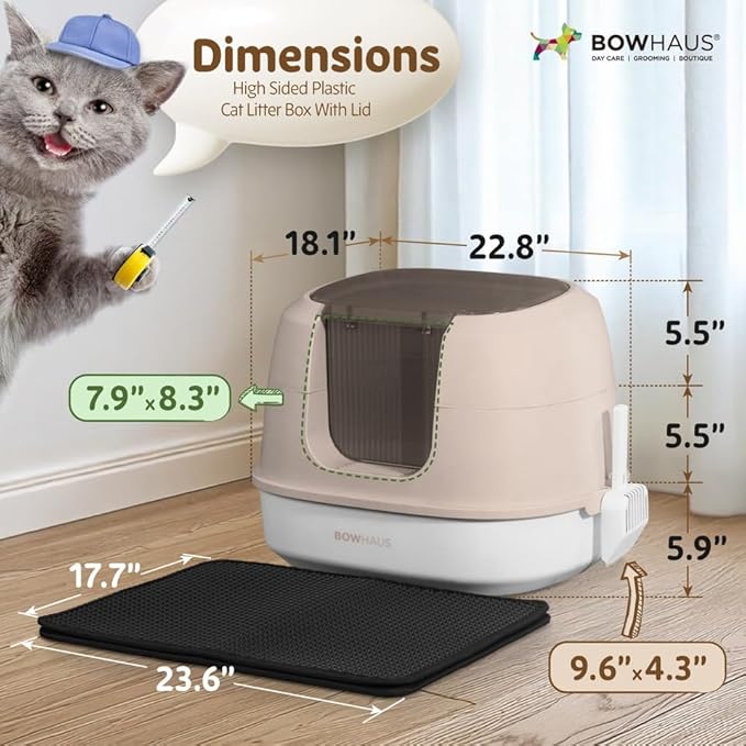Detachable Cat Litter Box with Lid, 3-in-1 Cat Toilet of Cats, Large Space Anti-Leakage Gato Litter Box with Scoop, Mat & Odor Fitter, Beige/Pink-Mewly Pet