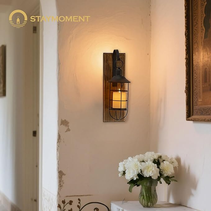 Wall Sconces Candle Holder: Set of 2 Farmhouse Wall Lantern Decor Wood Brown Decorations Indoor for Living Room Front Door Porch