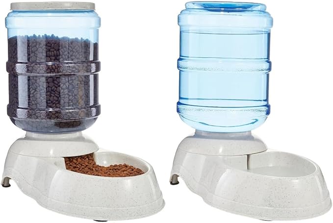 Amazon Basics Automatic Dog Cat Water Dispenser Gravity Feeder and Waterer Set, Large, 12-Pound Food Capacity, 2.5-Gallon, Gray-Mewly Pet