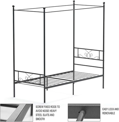 Weehom Twin Canopy Bed Frame with Headboard and Footboard, 4 Posters Metal Bed Frame, No Box Spring Needed, Mattress Foundation Platform Bed for Kids and Adults, Black