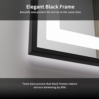 Bathroom Mirror Frame, 48x40 Inch Black Framed Gradient Front and Backlit LED Bathroom Mirror, 3 Colors Dimmable CRI>90, IP54 Enhanced Anti-Fog Wall Mounted LED Mirror
