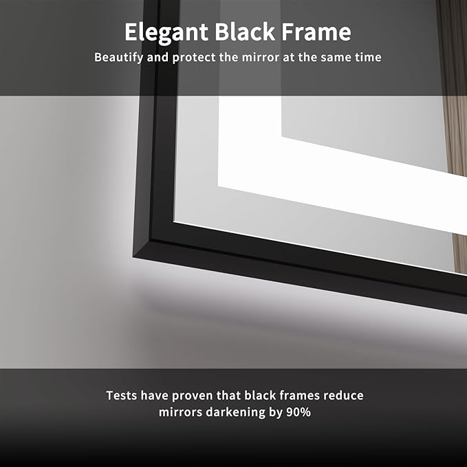 LED Mirror for Bathroom, 36x36 Inch Black Framed Gradient Front and Backlit LED Vanity Mirror, 3 Colors Dimmable CRI>90, IP54 Enhanced Anti-Fog Wall Mounted Lighted Bathroom Mirror