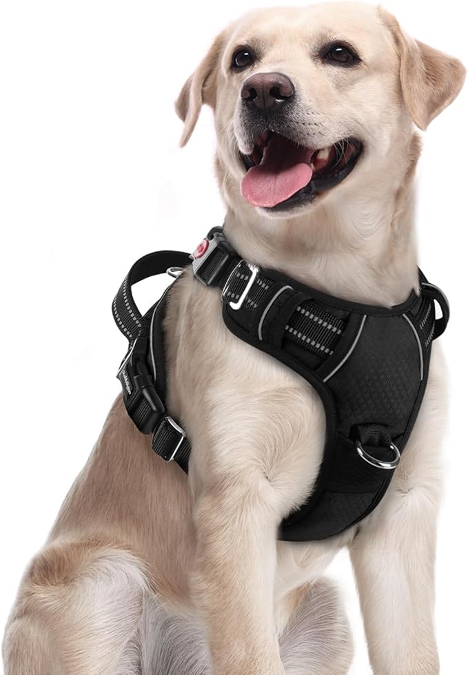 rabbitgoo Dog Harness Medium Sized, No Pull Dog Vest with 3 Buckles, Adjustable Soft Padded Pet Harness with Easy Control Handle and Reflective Strips, Black, M-Mewly Pet