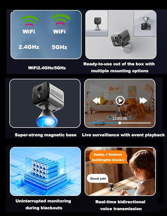 Cameras for Home Security-Indoor MiNi 1080P HD,Security Camera Wireless for Baby/Nanny/Pet/Dog/Cat, Infrared Night Vision,Magnetic Base Bracket,Cloud & SD Card Storage, (2.4 /5GHzWiFi)-Silver-Mewly Pet