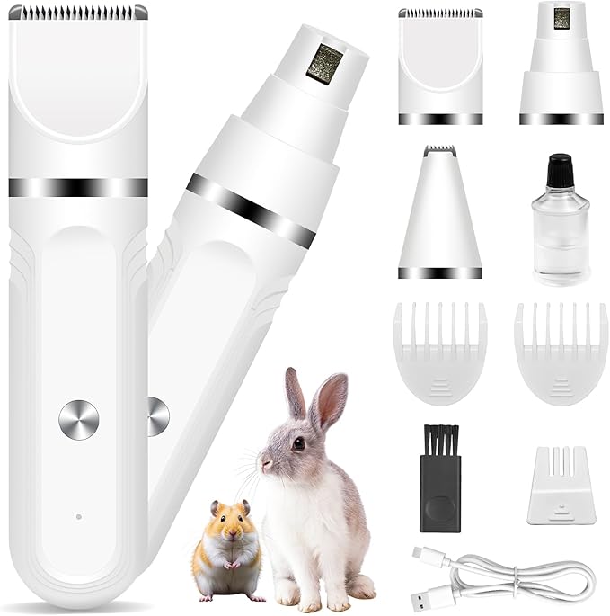 Guinea Pig & Rabbit Grooming Kit 2 in 1 – Cordless Hair Clipper & Nail Grinder for Small Animals– Low-Noise Rechargeable Nail Clippers Electric-Mewly Pet