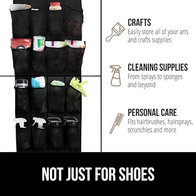 GORILLA GRIP Over the Door Shoe Organizer, 12 Large Breathable Mesh Pockets, Space Saving Hanging Storage Holder, 2 Hook Closet Rack Hanger, Hangs on Closets for Shoes, Accessories, 64H x 9.5W Black