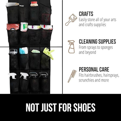 GORILLA GRIP Over the Door Shoe Organizer, 12 Large Breathable Mesh Pockets, Space Saving Hanging Storage Holder, 2 Hook Closet Rack Hanger, Hangs on Closets for Shoes, Accessories, 64H x 9.5W Black