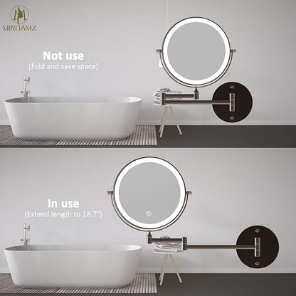 Rechargeable Wall Mounted Lighted Makeup Vanity Mirror 8 Inch Double Sided 1X 10X Magnifying Bathroom Mirror, 3 Color Lighting, Touch Screen Dimming, 360 Rotation Oil Rubbed Bronze