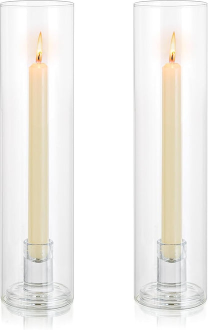 Glass Hurricane Candle Holder: 11.8" Tall Candlestick Holder with Cylinder Windproof Cover Clear Taper Candle Holders for Wedding Party Birthday Christmas Home Decor Set of 2