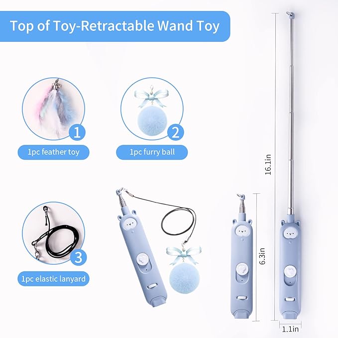 Cat Laser Toys, 2 in 1 Laser Pointer Cat Toys,Internative Cat Toys for Indoor Cats,3+5 Light Modes Cat Wand Toy, Retractable Cat Feather Toys, Long Range Kitten Toys,USB Rechargeable (Blue)-Mewly Pet