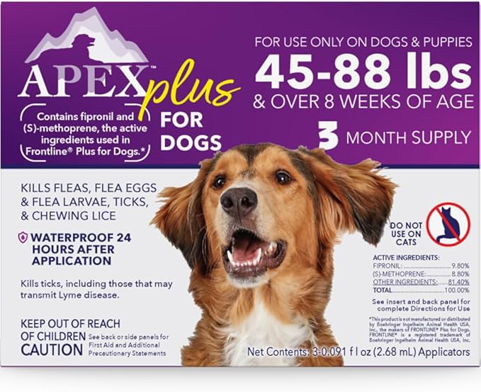 Apex Plus Flea and Tick Prevention for Dogs | Large (45-88 lbs) | 3-Month Supply | Dog Flea and Tick Treatment | 24-Hour Activation, Waterproof, 30-Day Protection-Mewly Pet