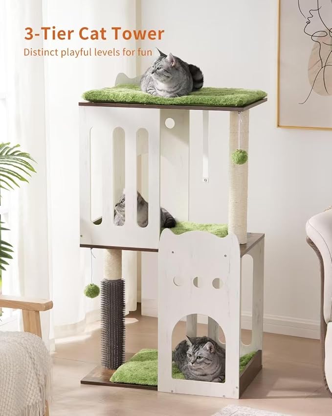 FourFurPets 43.7in 3-Tier Modern Cat Tree Tower Condo, Cat Scratch Posts for Indoor Cats, Big Plate, Two 19.7in Full Sisal Scratching Posts, White-Mewly Pet