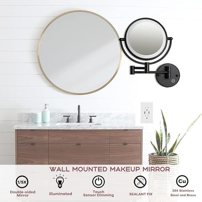 Hard Wired Make up Mirror Magnifying Lighted Black Wall Mounted, 8" 1X/5X Double-Sided 360 Swivel Extendable Arm Bathroom Makeup Mirror Wall Mount, Touch Dimmable, Matt Black
