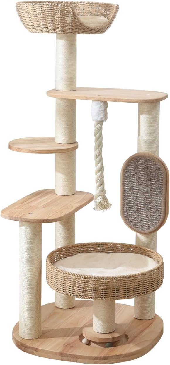 Wooden Cat Tree for Large Cat, 49.6-Inch Tall Cat Tower with Scratching Post for Indoor Cats, Multi-Level Cat Condo with Hand-Woven Cat Bed and Scratching Board Easy to Clean-Mewly Pet