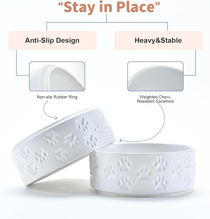 SPUNKYJUNKY Ceramic Dog and Cat Bowls 2 Pack, 5.1'' Dog and Cat Food Water Double Feeding Bowls Non-Slip for Cats and Puppy Small Sized Breed Dogs Microwave Dishwasher Safe - 13.5 OZ, 2pcs, Paw White-Mewly Pet