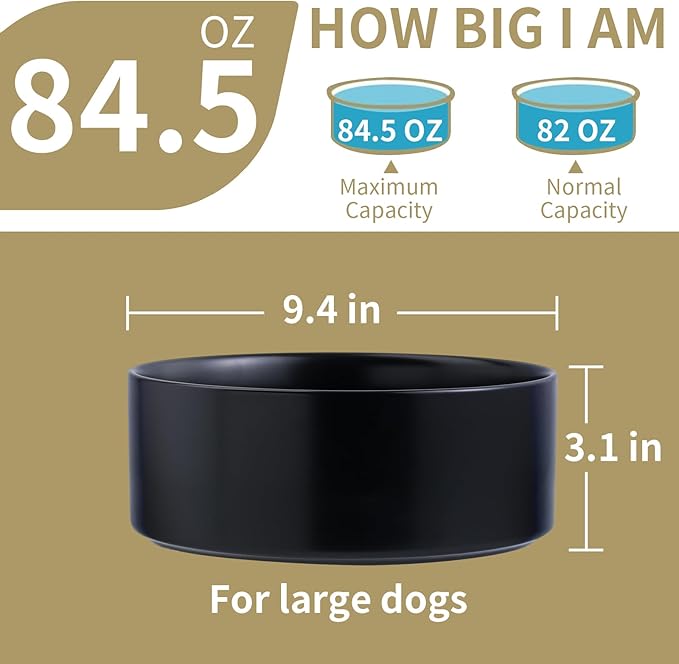 Black Dog Bowl Ceramic for Medium Large Breed,Dog Food Water Dish Heavy Weighted, Non Slip Porcelain Extra Large Big 9.4 in Pet Bowl-Mewly Pet