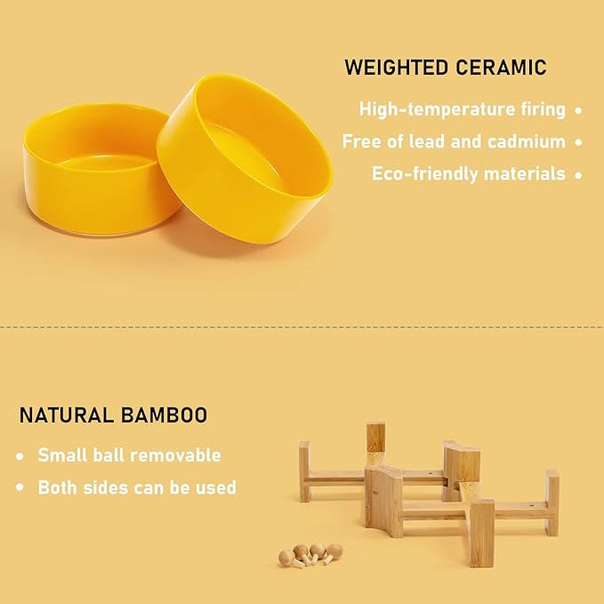 SPUNKYJUNKY 15° Slanted Ceramic Dog and Cat Bowl with Wooden Stand, Tilted Bulldog Food and Water Bowl No Slip Non-Spill for Cats Medium Dogs Big Face Pets 28.7 OZ (3.6 Cups, Yellow × 2)-Mewly Pet
