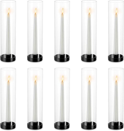 NUPTIO Black Taper Candle Holders: 10 Pcs Bulk 11.81 inch Tall Hurricane Glass Candlestick Tapered Holder Windproof Modern Clear Candles Stand for Outdoor & Indoor Wedding Party Holiday Centerpiece