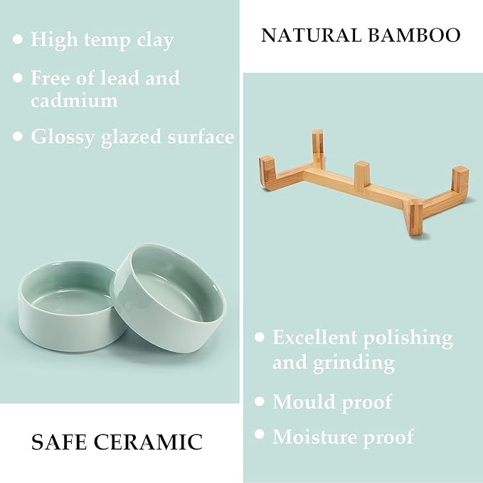 SPUNKYJUNKY Ceramic Dog and Cat Bowl Set with Wooden Stand, Modern Cute Weighted Food Water Set for Small Size Dogs (13.5OZ) & Medium Sized Dogs (28.7OZ) & Cats (1.7 Cups, 2 × Light Green)-Mewly Pet
