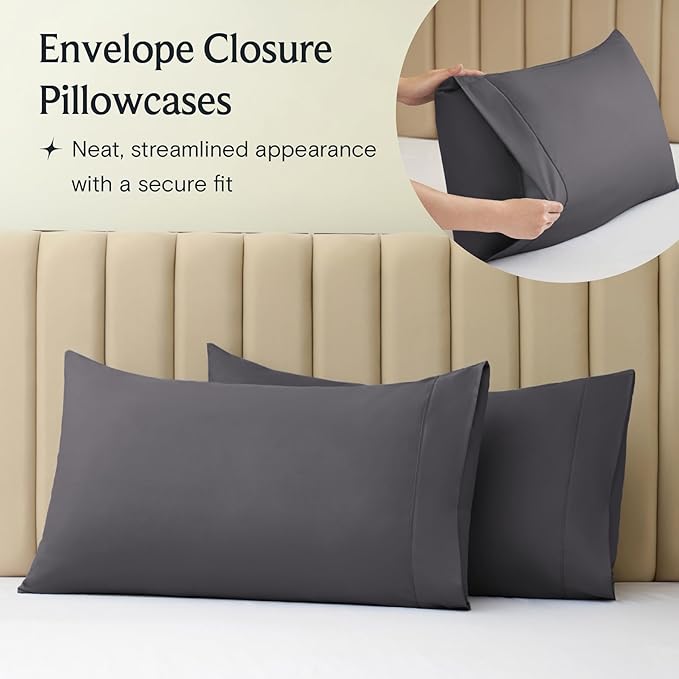 LuxClub 4 PC King Sheet Set, Deep Pockets Wrinkle Free Cooling Bed Sheets Hotel Bedding for Women, Men, Kids & Teens, Includes 1 Fitted Sheet, 1 Flat Sheet and 2 Pillowcases - Silky Soft Dark Grey