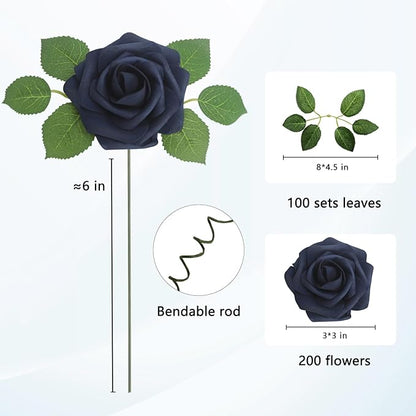 JOYLEX Artificial Flowers Realistic Roses, Real Looking Fake Roses with Stem for DIY Wedding Bouquets Centerpieces Bridal Shower Party Home Romantic Decorations (Navy Blue, Regular 3" - 200pcs)