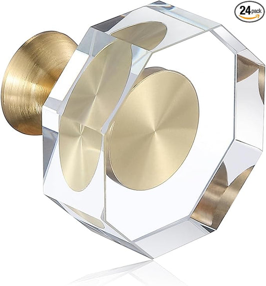 24-Pack 1-1/4-Inch Gold knob Dresser knobs White Cabinet Glass Crystal knobs Brass Drawer Polygonal Dresser Pulls, Drawer pulls