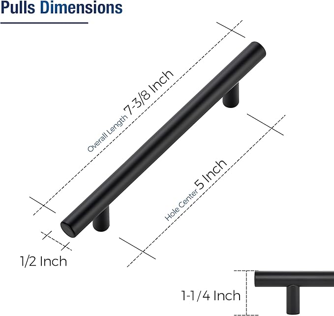 JOY DECOR 60 Pack Cabinet Handles, Black Cabinet Pulls, 5 in Hole Center Kitchen Hardware, Stainless Steel T Bar Handles for Dresser Drawers