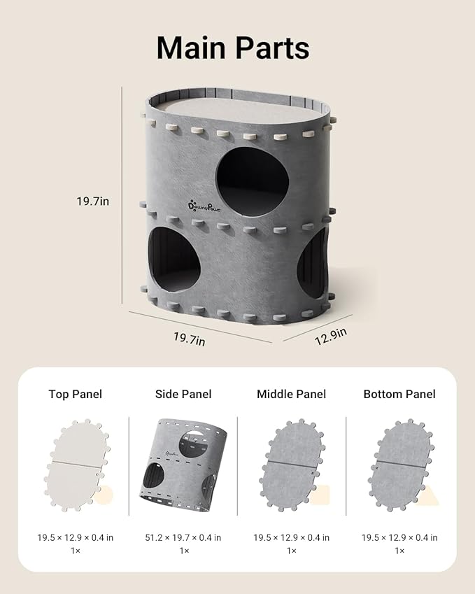 DownyPaws Cat House for Indoor Cats, 2-Storey Foldable Cat Bed Cave, Felt Cats Tunnel Bed Condo, Castle Kitten Cube Hideaway for Multicats, Scratch Resistant, Light Gray-Mewly Pet