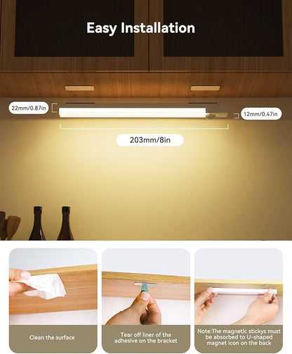 Under Cabinet Lighting 8 Inches Rechargeable Motion Sensor Light Indoor, 3 Color Dimmable Closet Light Battery Operated, USB Stick on LED Magnetic Under Counter Lights for Kitchen Stair, 3 Packs