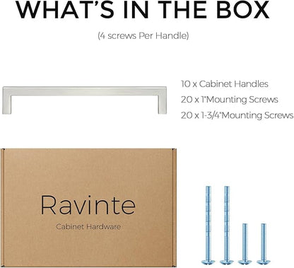 Ravinte 10 Pack Solid 6-1/4 Inch Center to Center Slim Square Bar Drawer Handles Cabinet Hardware - Brushed Nickel Kitchen Pulls