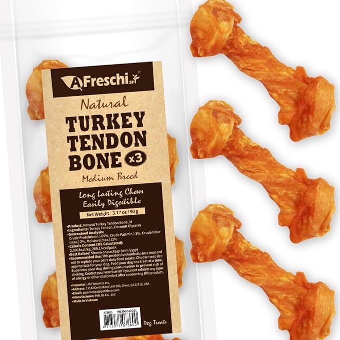 Afreschi Turkey Tendon Bone (M) 3.17 oz, USA-Sourced Turkey Tendon, All Natural Human Grade Dog Chew, Hypoallergenic, Rawhide Alternative, Dog Treats for Medium Breeds-Mewly Pet