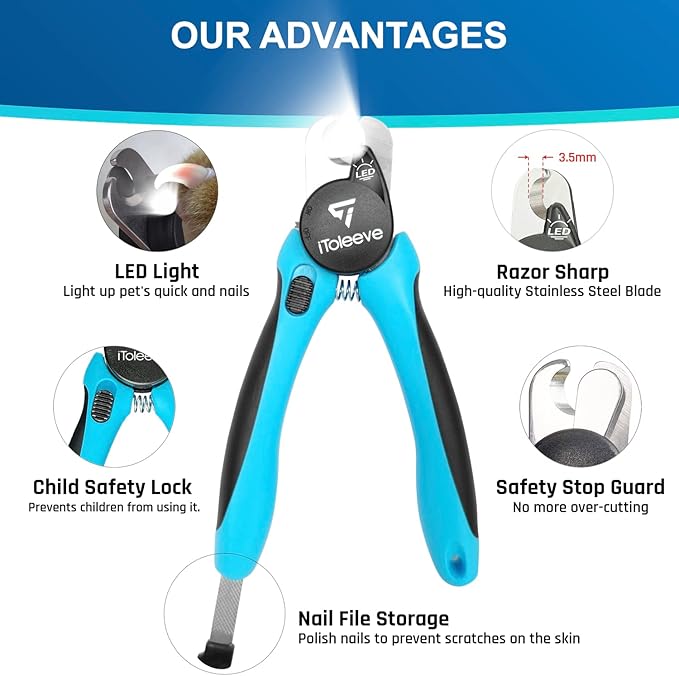 LED Dog Nail Clipper with Light, Illuminates Nails or Bloodline for Safe and Easy Trimmers, Extra Sharp for Thick Nails, Quick Sensor, Avoid Over Cutting Toenail, for Cats & Dogs-Mewly Pet