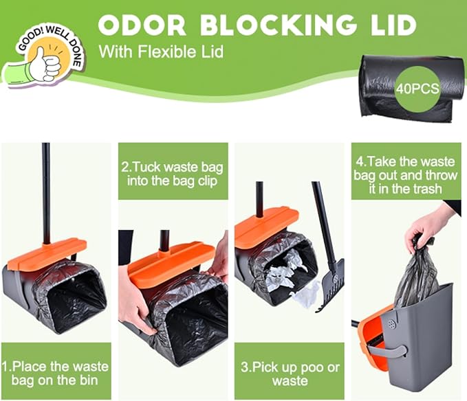 Pooper Scooper Swivel Bin & Rake Kit with 55 Waste Bags, 46" Long Handle Adjustable Portable Non-Breakable Dog Pooper Scooper Easy to Clean Pet Waste-Mewly Pet