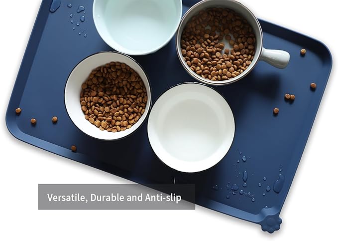 Hoki Found L Silicone Pet Food Mats with High Lips - Non Slip Cat Dog Bowl Placemats - Waterproof Cat Dog Feeding Mat - Indigo Ink-Mewly Pet