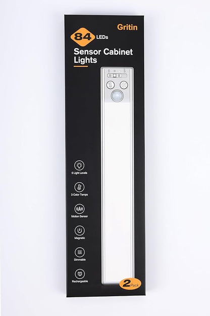 Gritin 10.2inch Under Cabinet Lighting Rechargeable -84 LED Super Bright,3-Color& 5 Level Brightness,4 Modes,Motion Sensor, Long Lasting- Easy Installation Magnetic Closet Lights -2 Pack-Sea Blue