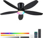 Flush Mount RGB Ceiling Fans with Lights-48 Low Profile Ceiling Fan with Light and Remote/APP Control,DC Reversible,LED Dimmable Blakc Ceiling Fans for Bedroom,Indoor/Outdoor Patio Use