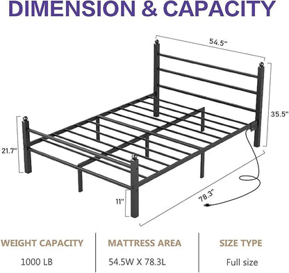 Full Bed Frame with Headboard and Footboard, Metal Bed Frame with Charging Station and LED Lights, Under Bed Storage, No Box Spring Needed,Noise Free, Black