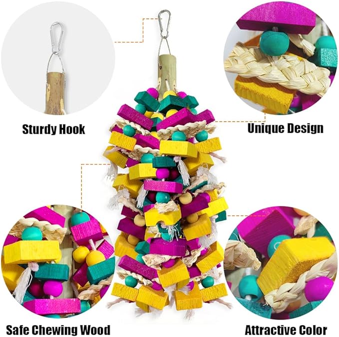 Large Bird Toys, Multi-Color Wooden Block with Bamboo Support Bird Chewing Toy Parrot Cage Bite Toy for Macaws Cokatoos African Grey and Large Medium Parrot Birds-Mewly Pet