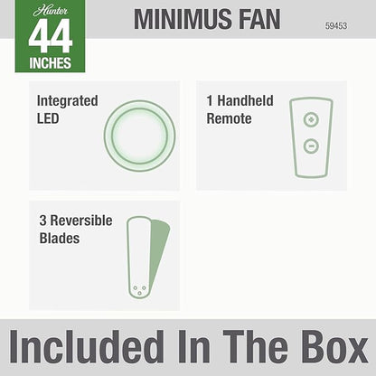 Hunter 44 inch Indoor Ceiling Fan with Light and Remote Control - For Bedroom or Living Room, Low Profile Mount, Black Modern Ceiling Fan with LED Light, Quiet, 3 Blades - Minimus 59453, Matte Black