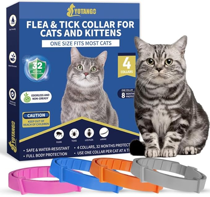 4 Pack Flea Collar for Cats, 32 Months Flea and Tick Prevention for Cats, Waterproof Cat Flea Collar, Natural Cat Flea and Tick Treatment, Adjustable Flea and Tick Collar for Cats Kittens(4 Colors)-Mewly Pet